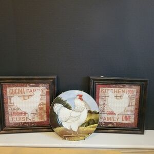 Lot of 3 Chicken Farmhouse Kitchen Wall Decor Plate & Framed Artwork